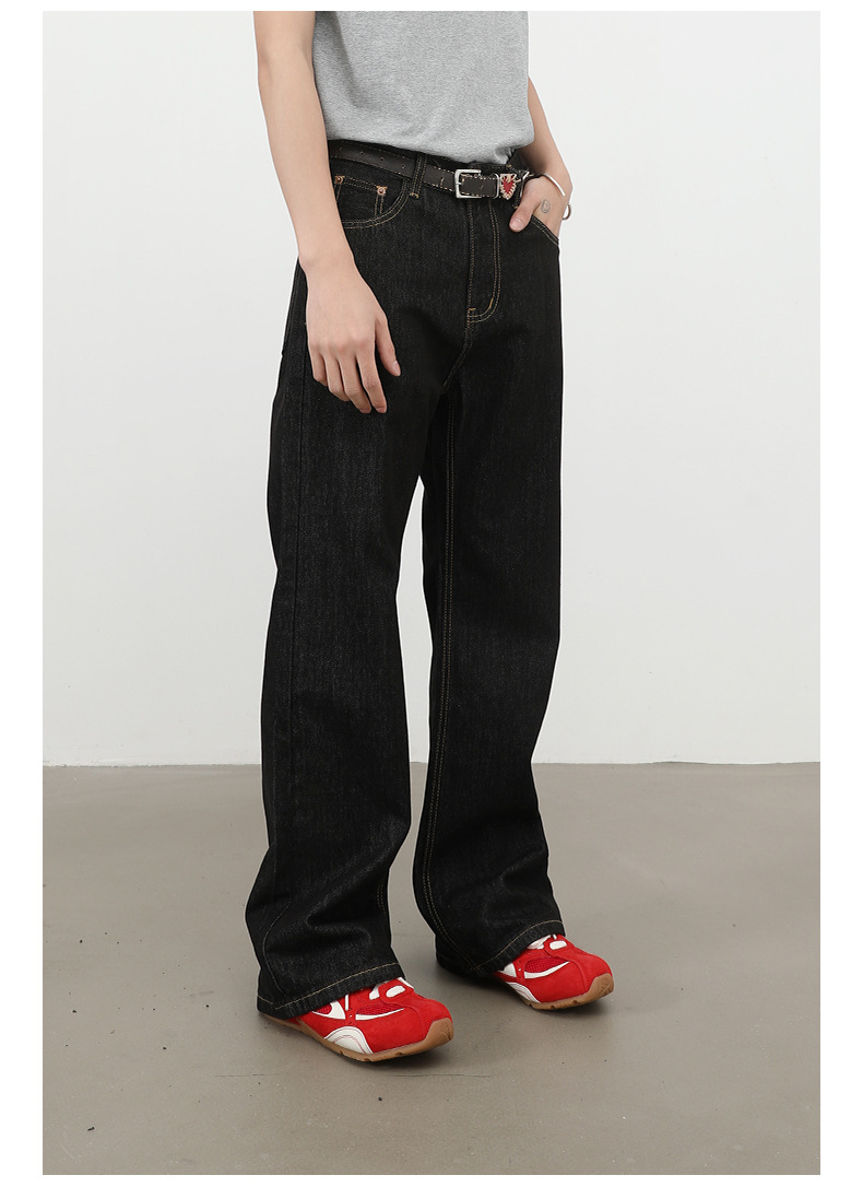 Nirben Denim High Volume Colorfast Raw Denim Jeans For Men Slightly Flared Loose Fit Black Blue_viptrois.com