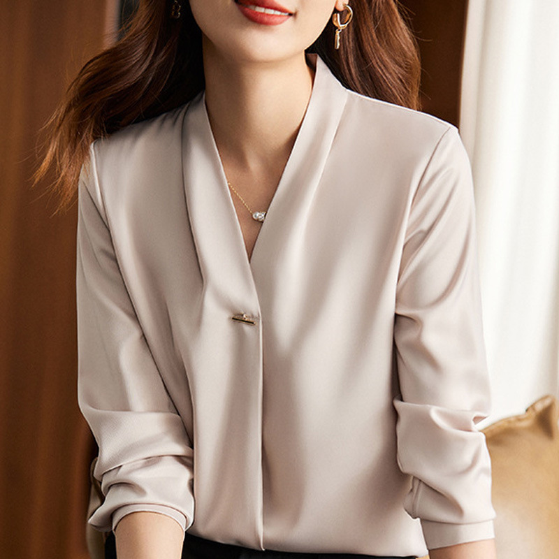 4S Store Sales Company Beautician Jewelry Store V-Neck Work Uniform Club Satin Chiffon Shirt Autumn