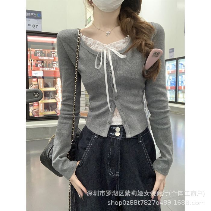 【在庫1万点、実費割引なし】1×1アイスシルクリブフェイクツーピースピンクレースパッチワーク長袖Tシャツ|undefined