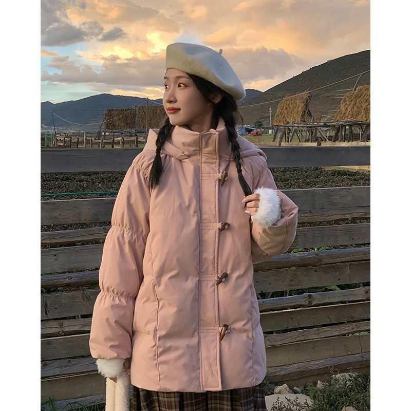 白鸭绒羽绒服女2025新款粉色连帽甜美可爱少女牛角扣外套加厚保暖