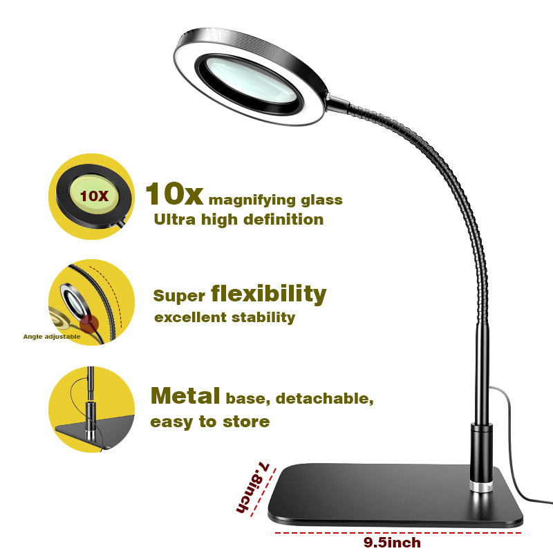 Cross-Border Led Flexible Tube Magnifying Glass Lamp, Clip-On Electronic Repair Lamp, USB Reading Book Lamp, Multifunctional Magnifying Glass Desk Lamp