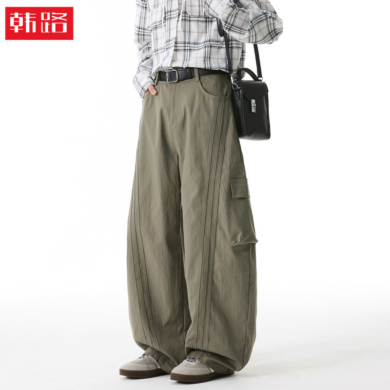 Vintage Texture Patchwork Striped Casual Pants for Men with Large 3D Pockets, Trendy Brand Loose-Fitting Workwear Long Pants Vintage Texture Patchwork Striped Casual Pants for Men with Large 3D Pockets, Trendy Brand Loose-Fitting Workwear Long Pants