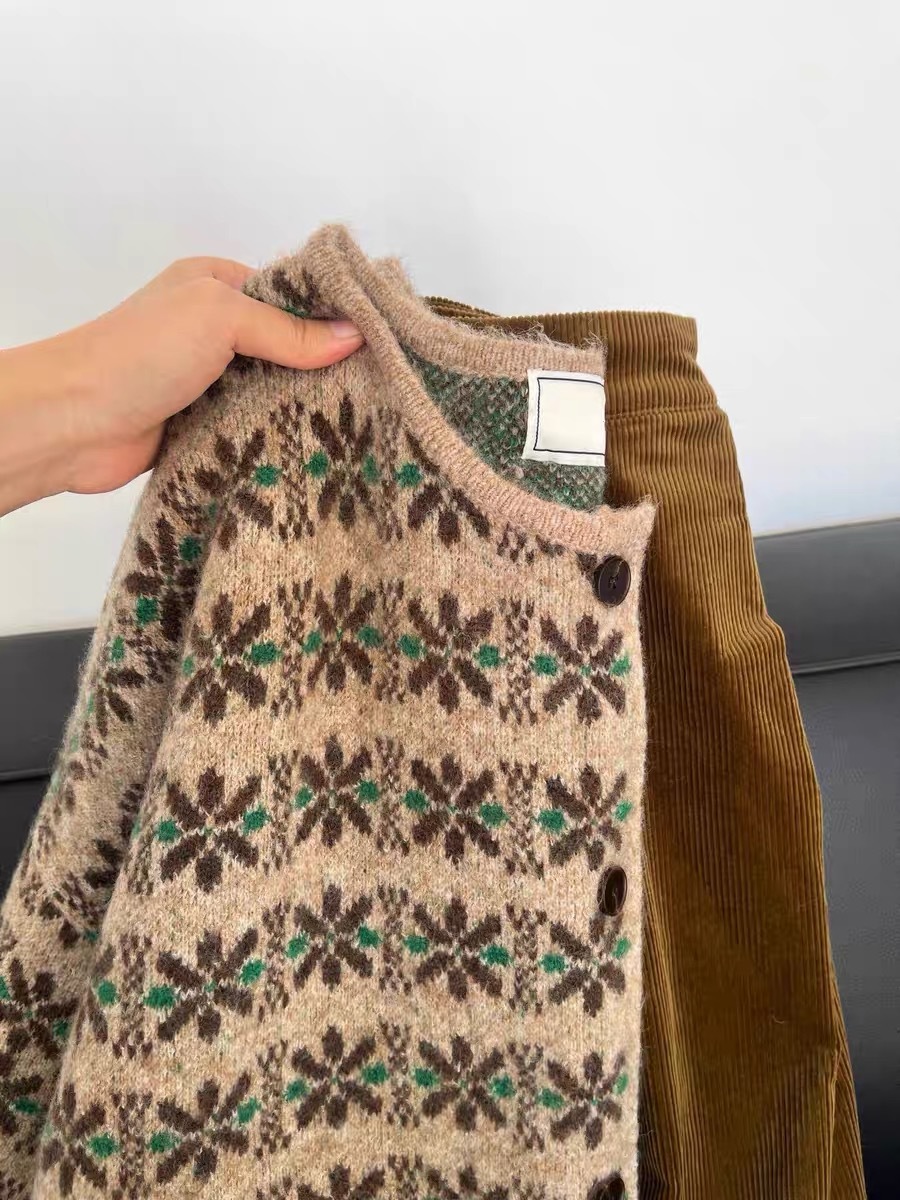 复古提花花朵圆领秋装毛衣开衫外套女2025新款秋古着宽松针织衫