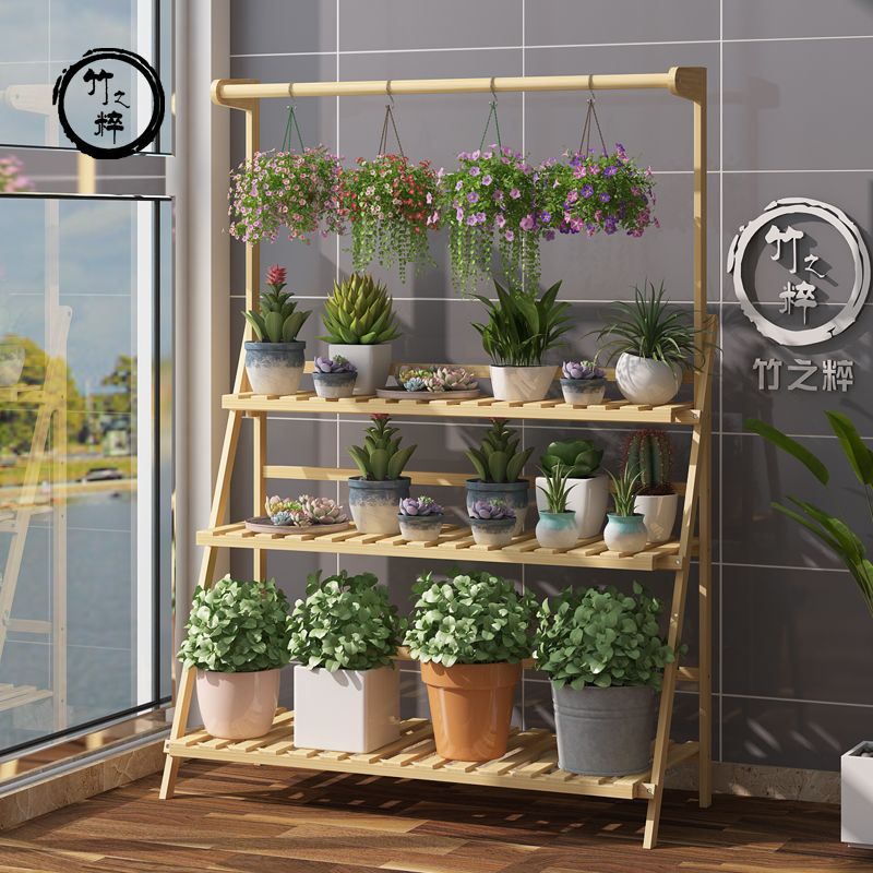 Estantes de flores no de madera maciza aterrizan en interiores, bambú de bambú plegado balcón de varias capas, Sala de estar, estantes de macetas de flores de carne, estantes de plantas especiales