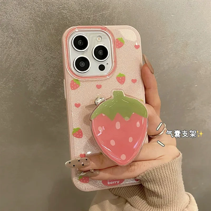 Чехол для телефона (Apple iPhone 16 Pro / 15 Pro совместим) — двухслойный фуксия «клубника», блёстки