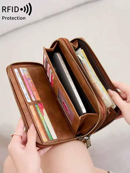 Cross-border New RFID Anti-theft Brush Double Zipper Wallet European and American Retro Women's Clutch Simple Large Capacity Wallet
