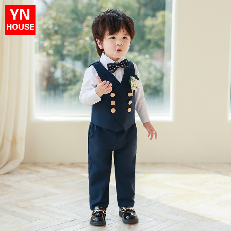 Traje de niño, traje de chaleco, primavera y otoño, traje de actuación de estilo británico, vestido de cumpleaños de niña de las flores de niño de manga larga