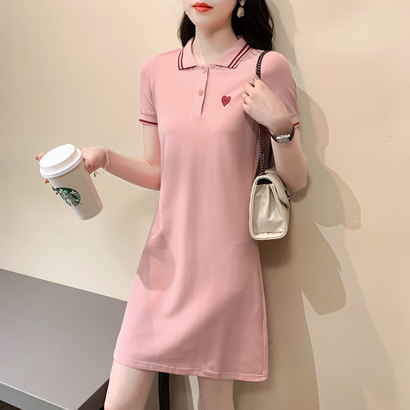 695 #   210g Pique Cotton Long Dress Summer Short-Sleeved T-Shirt for Women 2024 New Polo Collar Shirt
