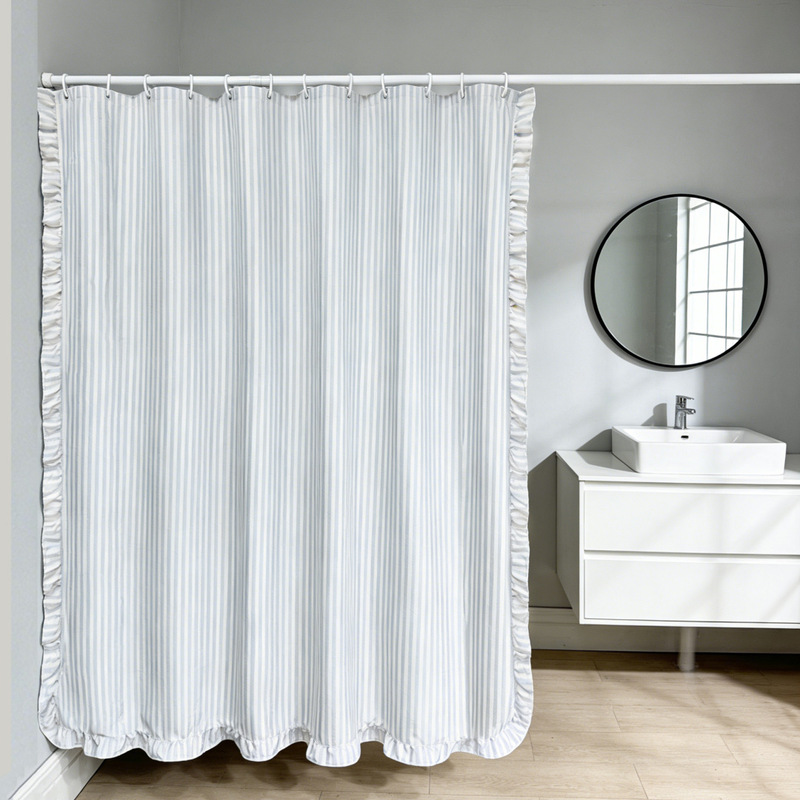 Cross-Border Hot-Selling Thickened Ruffled Bathroom Curtain, Polyester Shower Curtain, Japanese-Style Striped Simple Waterproof Partition Curtain