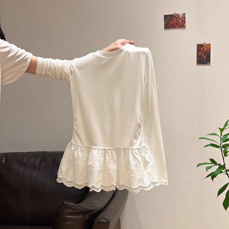 White Ballet Style Lace Hem Long-Sleeved T-Shirt for Women in Autumn and Winter Korean Style Velvet Inner Layering Shirt Top