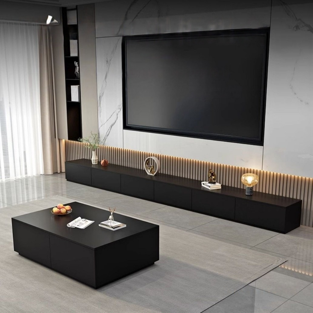 Modern Minimalist Living Room Home Cabinet Light Luxury High-End Black Floor-Standing Tv Cabinet Tv Cabinet Coffee Table Combination