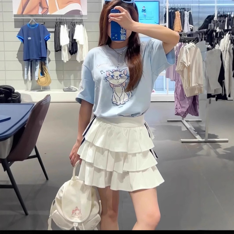 ハイバージョン~2025共同ブランドファッションラウンドネックルーズコントラストカラーキャットプリント半袖Tシャツケーキスカートショートスカート女性用|undefined
