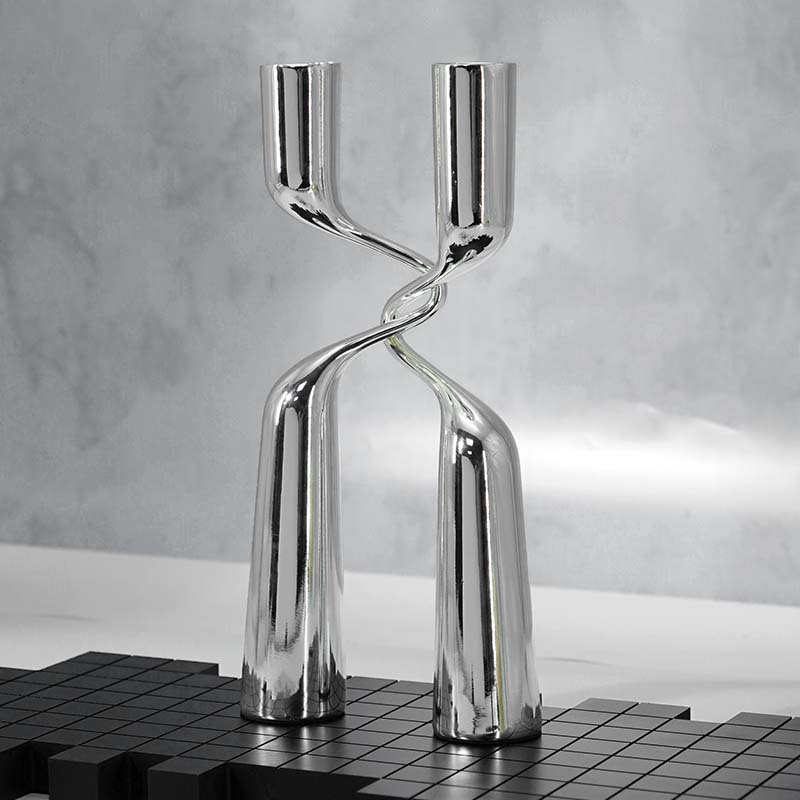 现代创意双子烛台摆件桌面客餐厅样板房金属异形银色家居软装饰品