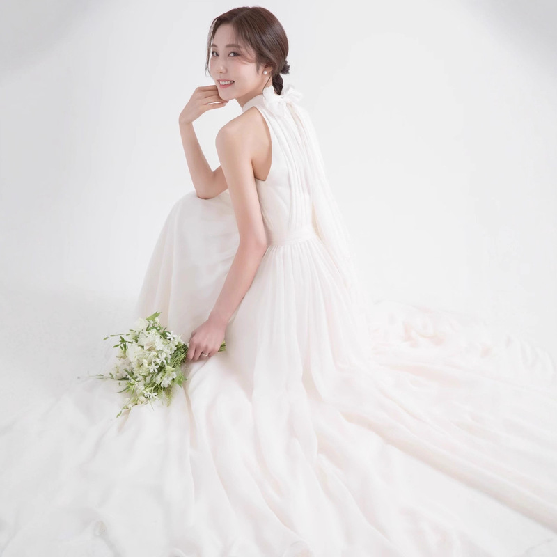 Elegant Light Wedding Dress New Shoulder Chiffon Dress Mori Style Travel Small Tail Lawn Wedding Super Fairy Welcome White Yarn