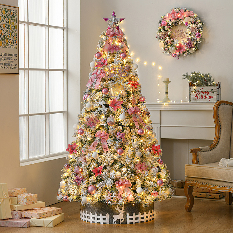 Nuevo árbol de Navidad con nieve artificial de 2.1 metros de Gangheng para uso doméstico, conjunto de árbol de Navidad con luces y decoraciones de nieve que caen.