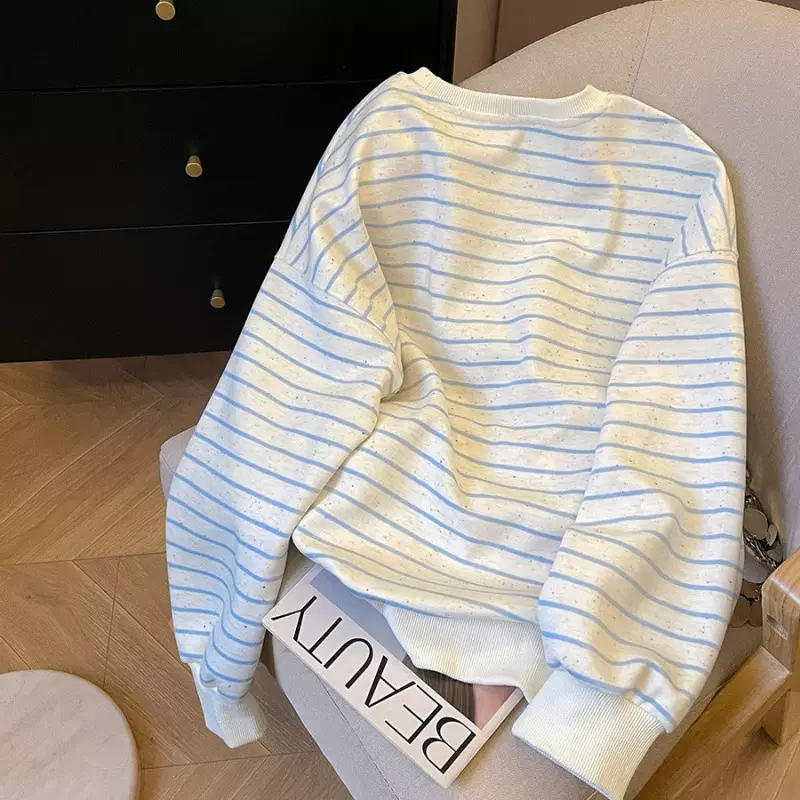 2025新款韩系简约条纹长袖卫衣女春秋宽松显瘦百搭打底衫圆领上衣