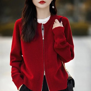 2025 Early Spring New Round Neck Zipper Pure Wool Cardigan Women's Casual Age-Reducing Jacket Knitted Sweater with Cashmere