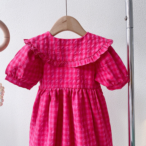Dress with Peter Pan collar, grid bag button princess dress, 24 summer new model foreign trade children's clothing distribution