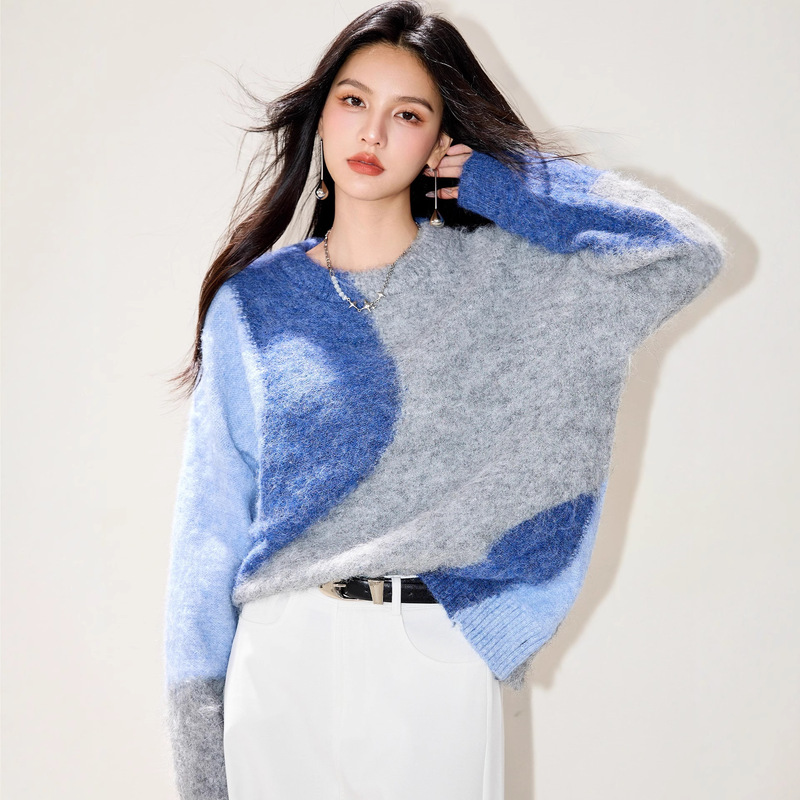 铭海 慵懒灰蓝色毛衣女款2025年新款秋冬季新款时尚独特漂亮上衣|undefined
