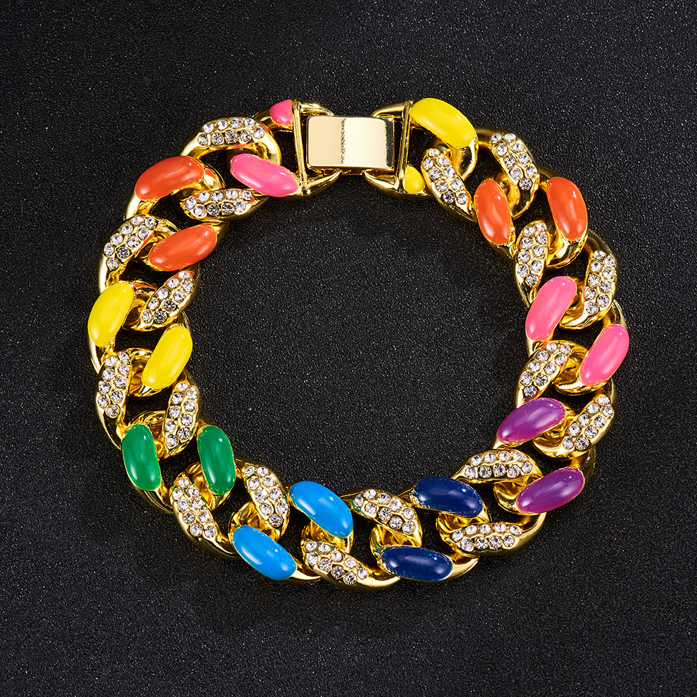 [Xuan Di] 16mm Thick Colorful Rainbow Necklace European and American Cuban Link Chain Hip Hop Rap Hi