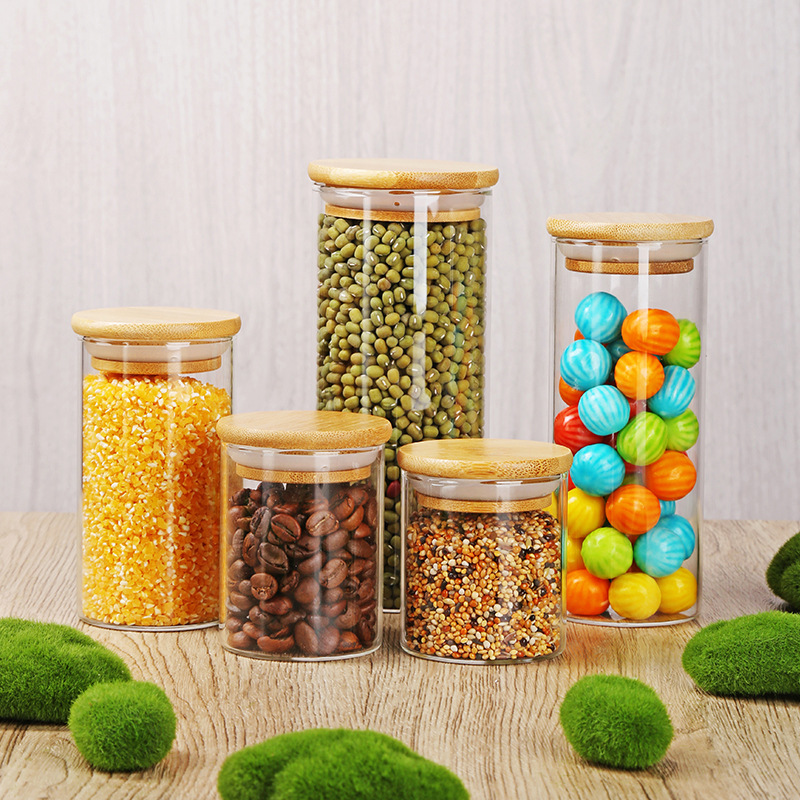 Tanque de almacenamiento con tapa de bambú y madera Tanque de almacenamiento de vidrio Tanque de té sellado Tanque de almacenamiento transparente Tanque de almacenamiento de clasificación de cocina