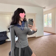 撞色假两件拼接polo领针织T恤女秋季修身紧身设计感长袖内搭上衣