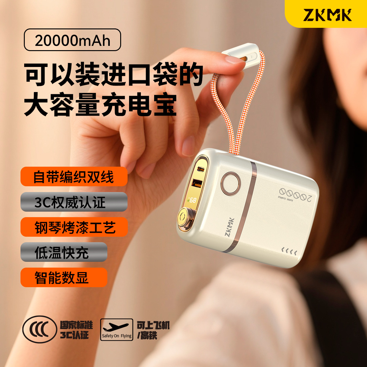 Zkmk Small Flask-Shaped Power Bank with 3C Certification, Full Protocol Fast Charging, Built-In Cable, 20000Mah Portable Mobile Power Supply