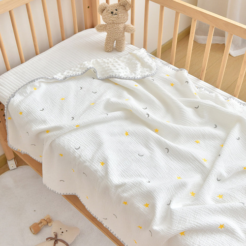 儿童纯棉盖毯婴儿绉布刺绣豆豆绒贝壳边小毯子幼儿园宝宝安抚盖毯
