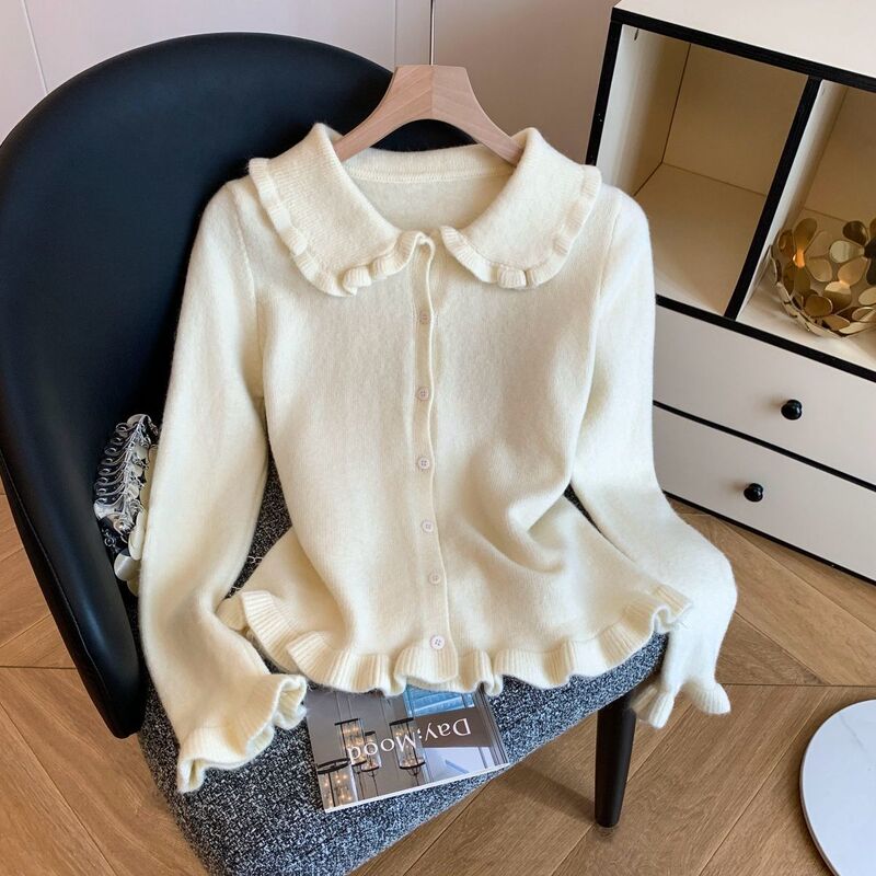 Age-Reducing Niche Style Ruffled Doll Collar Long-Sleeve Knit Cardigan for Women, New Autumn and Winter Sweet Youthful Sweater
