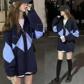 2025秋冬新款英伦菱格毛衣外套女宽松显瘦V领开衫中长款上衣学生