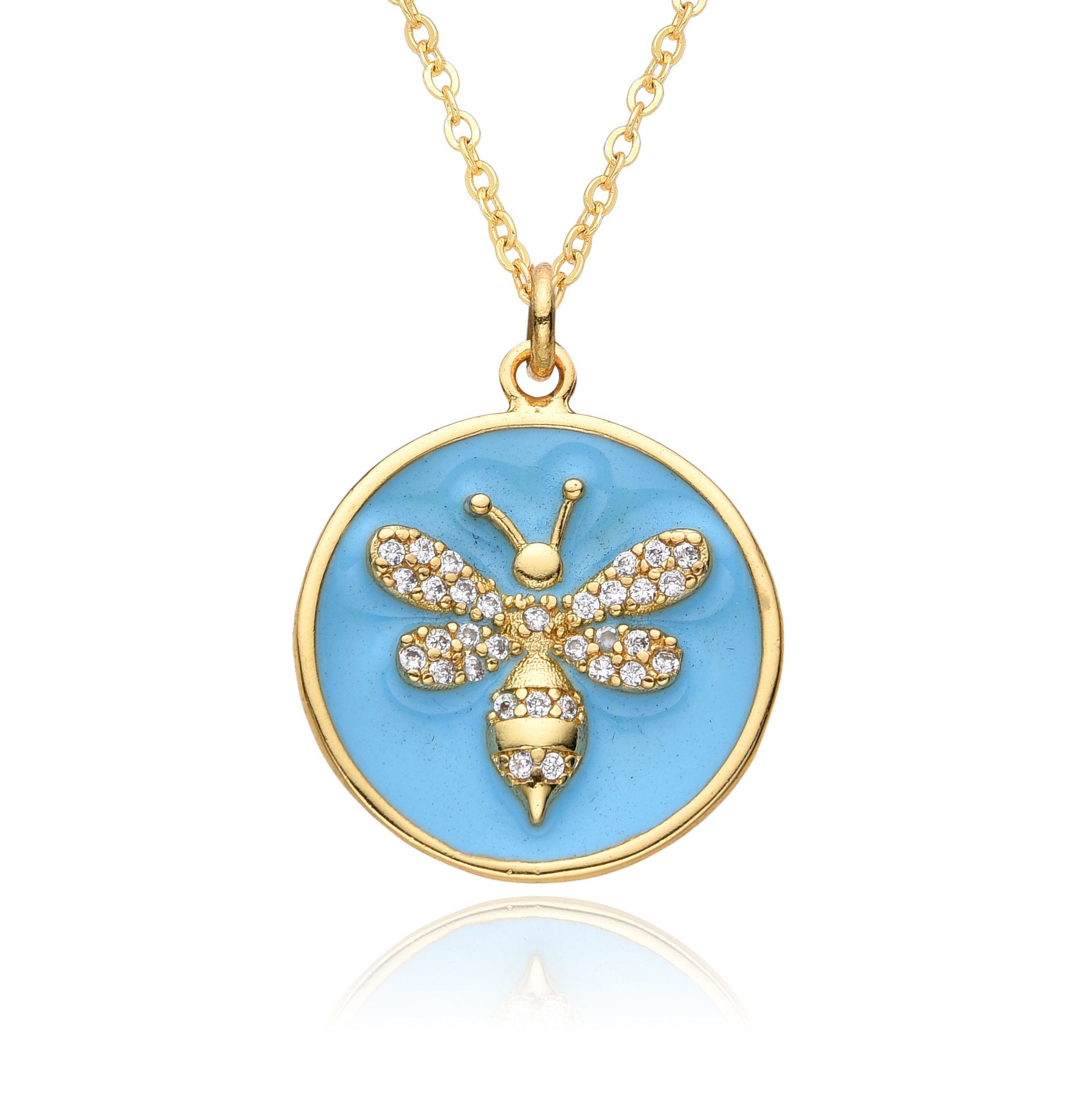 1 Piece Quantity Copper Gold Plated Enamel Inlay Round Lion Bee Zircon Pendant Necklace