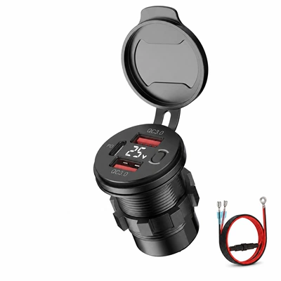 2025 New Car Motorcycle Mobil şarj cihazları - 3-ports-digital-display-physical-buttons-transparent-waterproof-cover-qcpd-60cm-fuse-wire