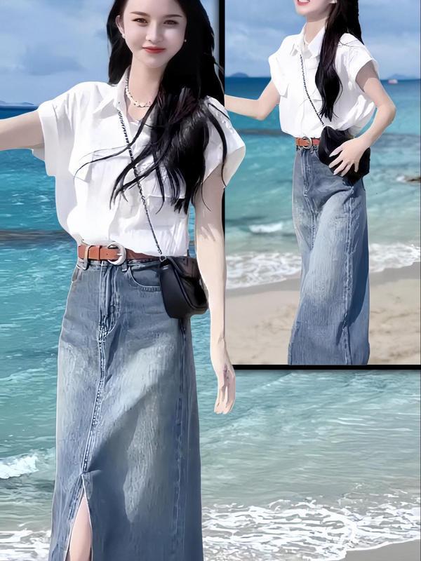 This year's popular beautiful suit fashion small fragrant style Denim skirt salt light ripe wear two-piece set summer