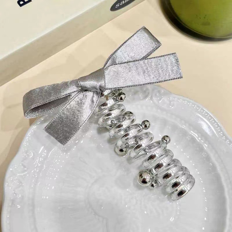 Silver Bow Telephone Wire High-End Bubble Braid Rope Ponytail Sweet Straight Hair Tie_voghion.com