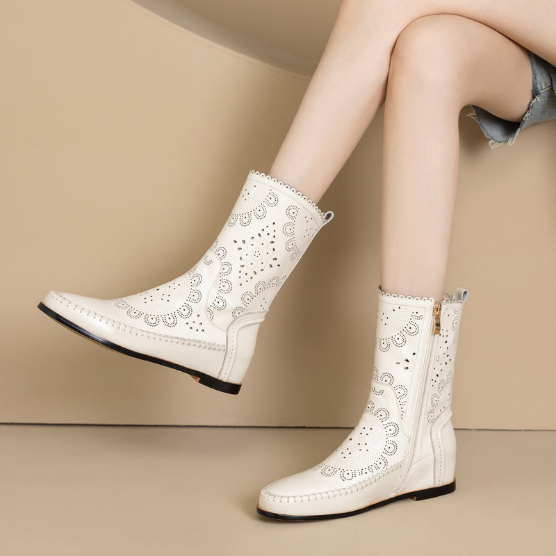 Boot nữ cổ thấp da bò đục lỗ đế xuồng đốt hoa — Màu be [lót một lớp]