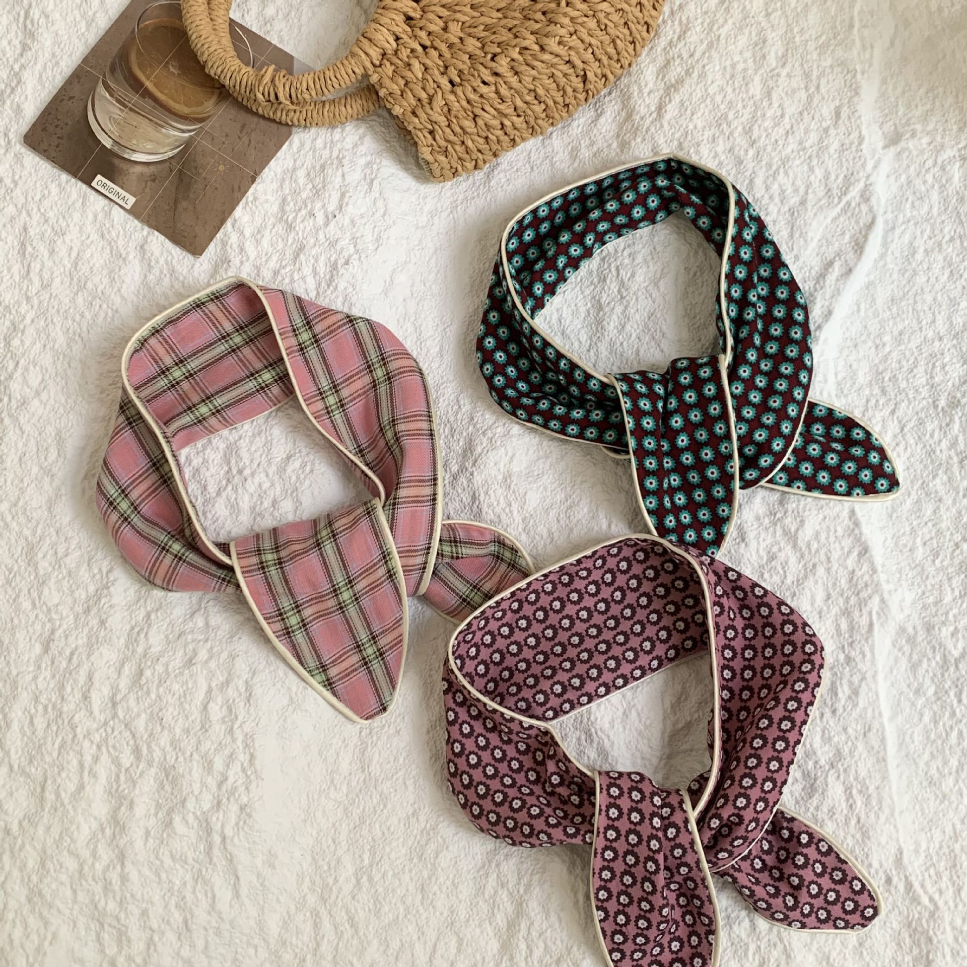 Pañuelo a cuadros Pañuelo de seda largo de algodón para mujer verano nuevo estilo pequeño estampado accesorios de todo fósforo bufanda de cuello correa para el cabello atado