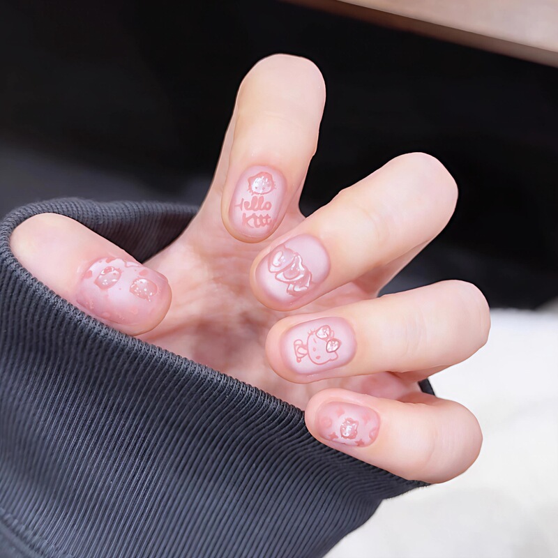 Cute Frosted Kt Cat Wearable Nails Hand-Painted New Cat Eye Manicure Stereo Girly Heart Pink Whitening Handmade Nails