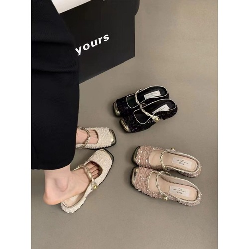 Flat Heel Closed Toe Mary Jane Sandals Women's Sequin Lazy Casual Sandals Matching Skirt Half Slippers