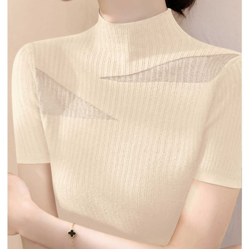 Korean Style Tencel Half-High Collar Slim-Fitting Short-Sleeved Knitwear Summer New Lace Mesh Ice Silk Purple Women's Top