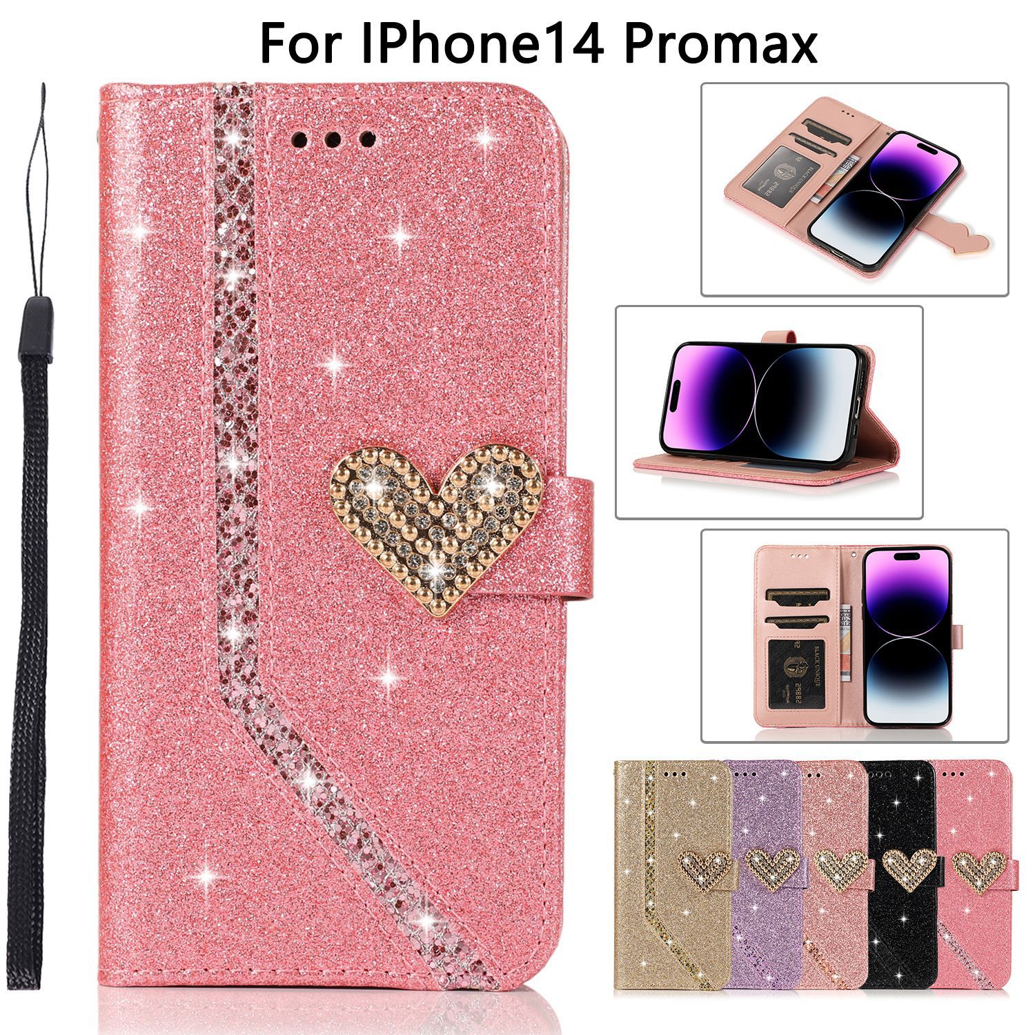 Phone Wallet Case For Iphone 15 Pro Max With Heart Design Pink_voghion.com