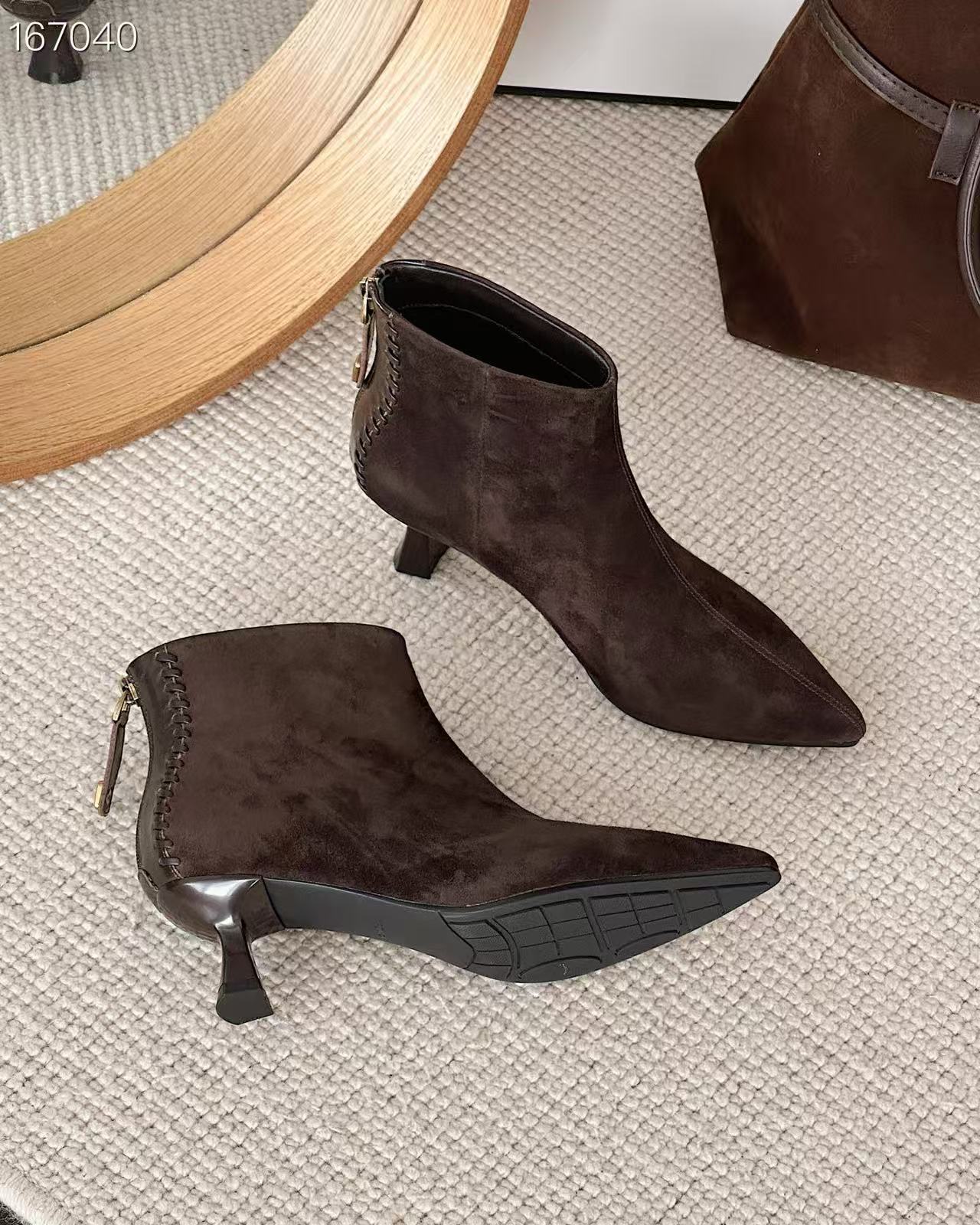 Boot nữ mũi nhọn gót cao dây kéo bên da — Màu đen chi tiết 3
