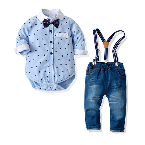 Cross-border baby suit, boy toddler, spring and autumn, triangular collar, tie, denim overalls set, crawling suit