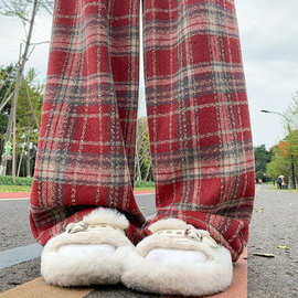 复古毛呢格子裤女秋冬新款宽松显瘦直筒裤高腰慵懒山本加绒阔腿裤