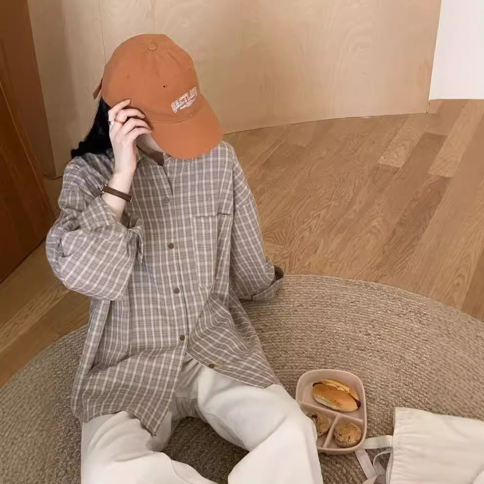 (2개) 느슨한 격자 무늬 긴팔 셔츠 가을 유행 우아한 옷깃 여성을위한 싱글 브레스트 캐주얼 탑