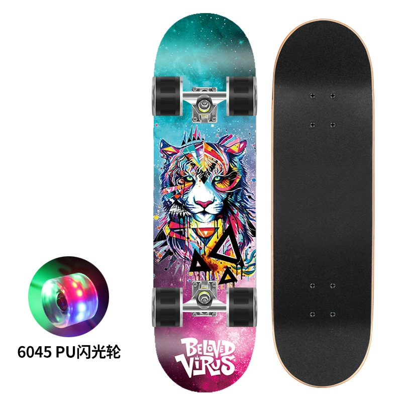 Polyurethane flash skateboard, 80×20 cm, double-kick deck, 6045 PU wheels, 300 lb load