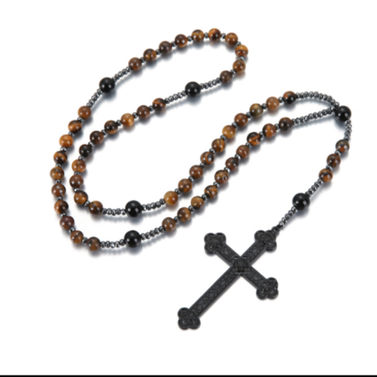 2022 verano nuevo transfronterizo negro natural cuentas redondas cadena larga negro Ball piedra Cruz Rosario collar de los hombres al por mayor