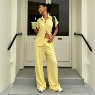 2026新款欧美跨境翻领短袖纽扣衬衫高腰垂感松紧阔腿裤休闲两件套