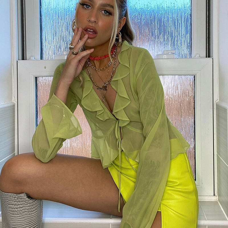 European and American 2026 Summer Hot-Selling New Style Ruffled Lace-Up Deep V-Neck Long-Sleeve Transparent Top Foreign Trade Wholesale Women's Clothing