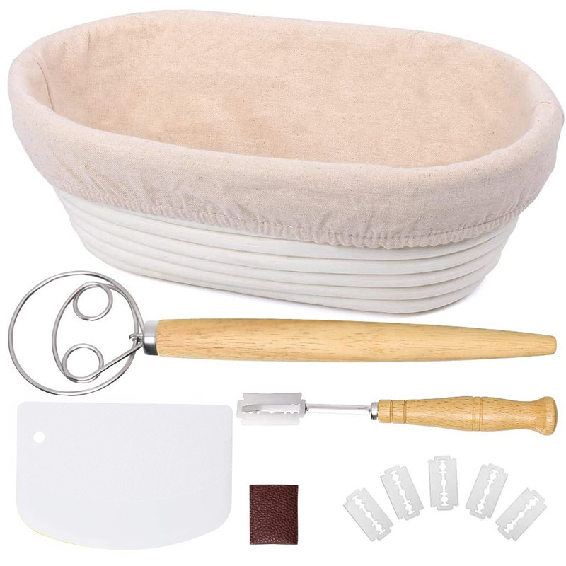 Juego de herramientas para hornear de estilo europeo, canasta de fermentación de masa, harina, batidor de polvo de acero inoxidable, juego de 12 piezas para hornear con raspador
