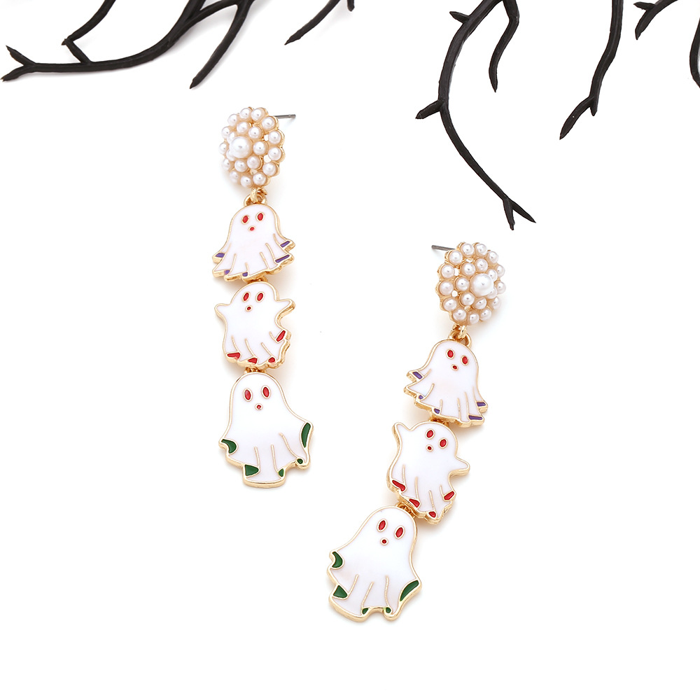 Artificial Pearls Inlay Material Drop Earrings Classification 1 Pair Halloween Hip-Hop Funny Ghost Enamel Plating Inlay Alloy Artificial Pearls Drop Earrings